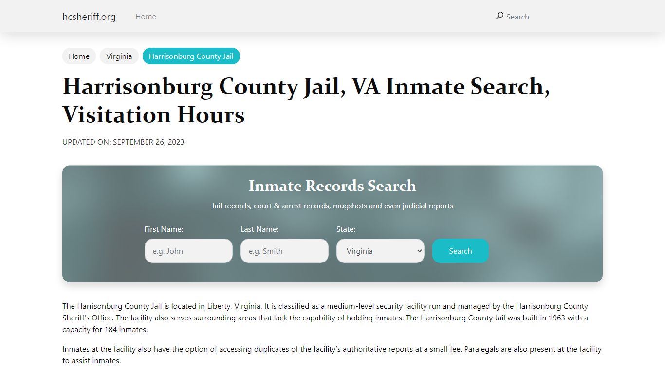 Harrisonburg County Jail, VA Inmate Search, Visitation Hours